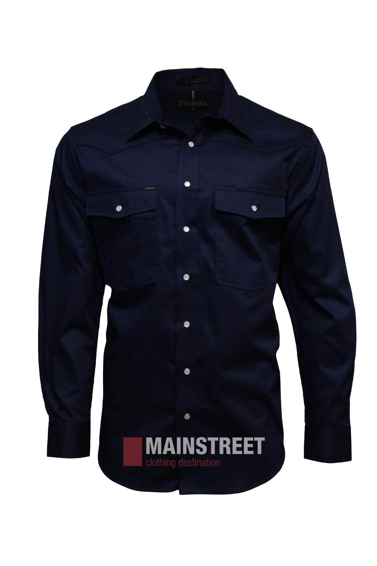 The Pilbara Western Snap Button Long Sleeve Shirt, in navy blue with two button-flap chest pockets, is shown on a plain white background. "MAINSTREET clothing destination" appears at the bottom.