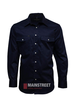 The Pilbara Western Snap Button Long Sleeve Shirt, in navy blue with two button-flap chest pockets, is shown on a plain white background. "MAINSTREET clothing destination" appears at the bottom.