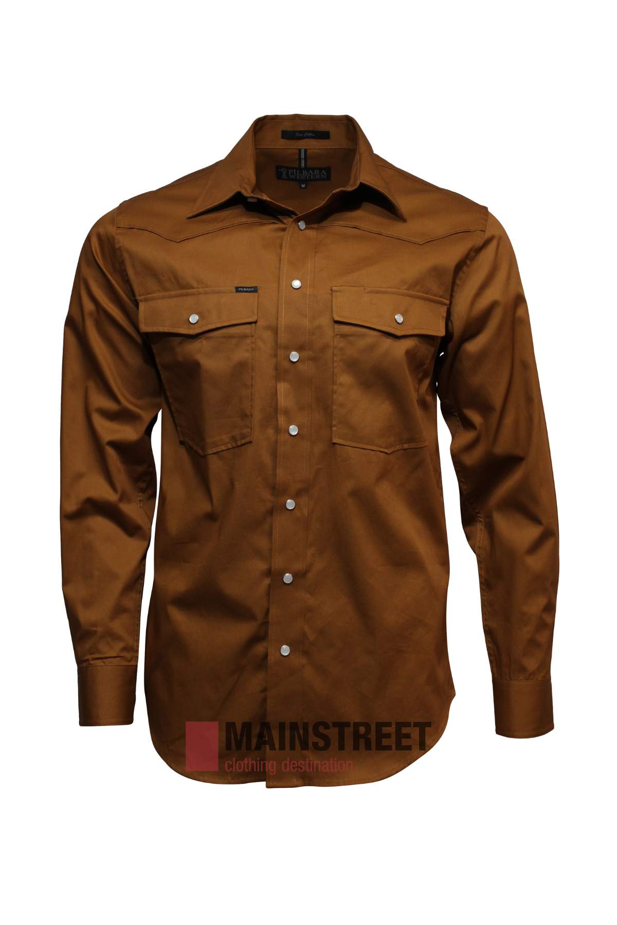 A brown Pilbara Western Snap Button Long Sleeve Shirt with two chest pockets and silver snaps, made from ultra-fine cotton, is displayed on a white background. The MAINSTREET logo appears at the bottom of the image.