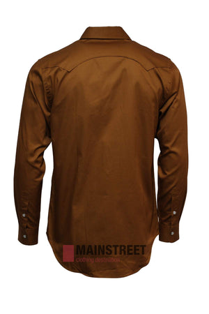 A Pilbara Western Snap Button Long Sleeve Shirt in brown, shown from the back with a pointed yoke, snap button cuffs, curved hem, and "MAINSTREET clothing destination" logo. Made from ultra-fine cotton for comfort.