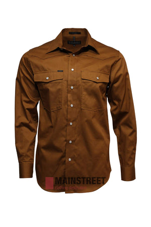 A brown Pilbara Western Snap Button Long Sleeve Shirt with two chest pockets and silver snaps, made from ultra-fine cotton, is displayed on a white background. The MAINSTREET logo appears at the bottom of the image.