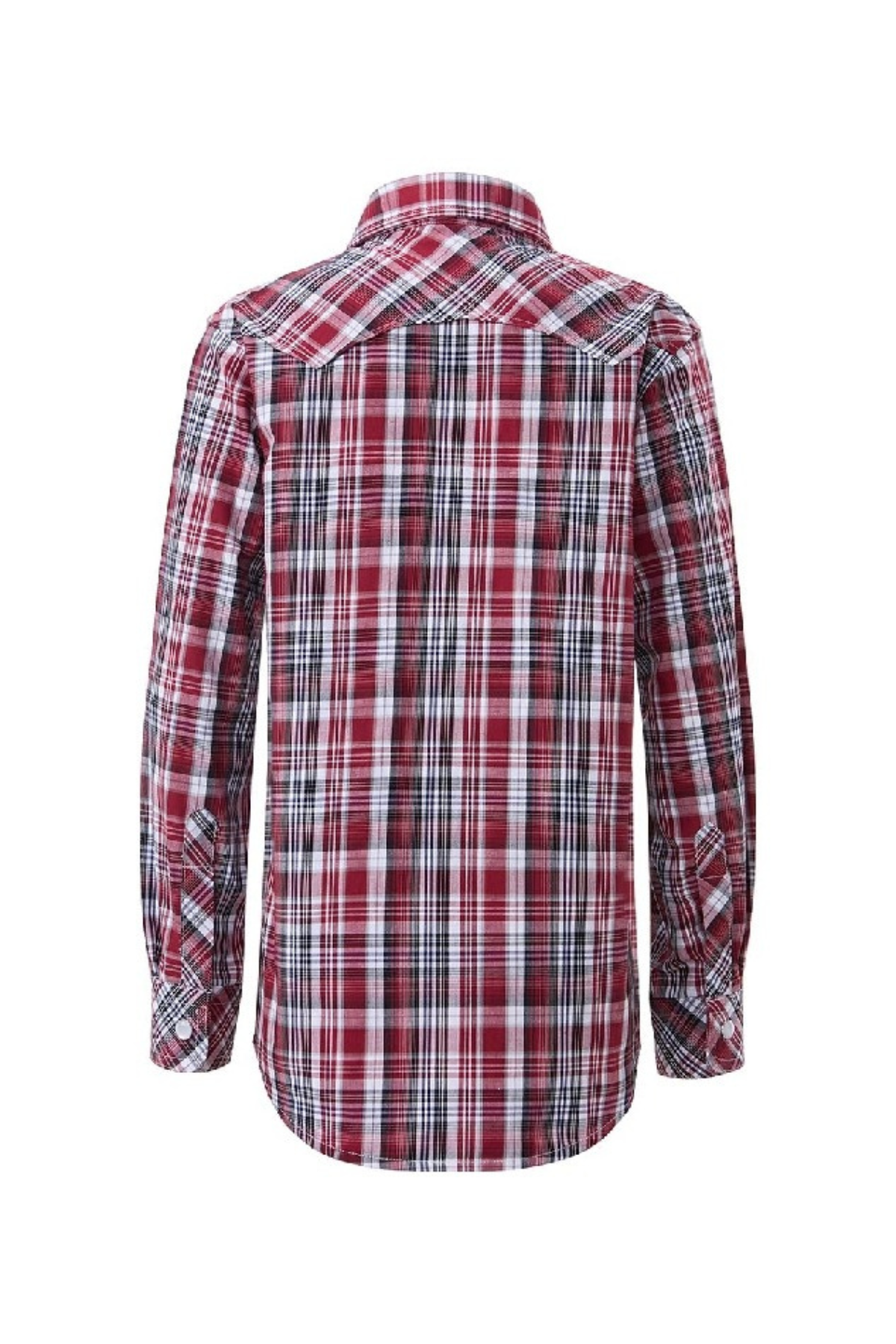 Back view of the Pilbara Western Snap Button Long Sleeve Shirt made from ultra-fine cotton, featuring a red, white, and black check pattern. It includes long sleeves with buttoned cuffs and a classic collar for timeless style.