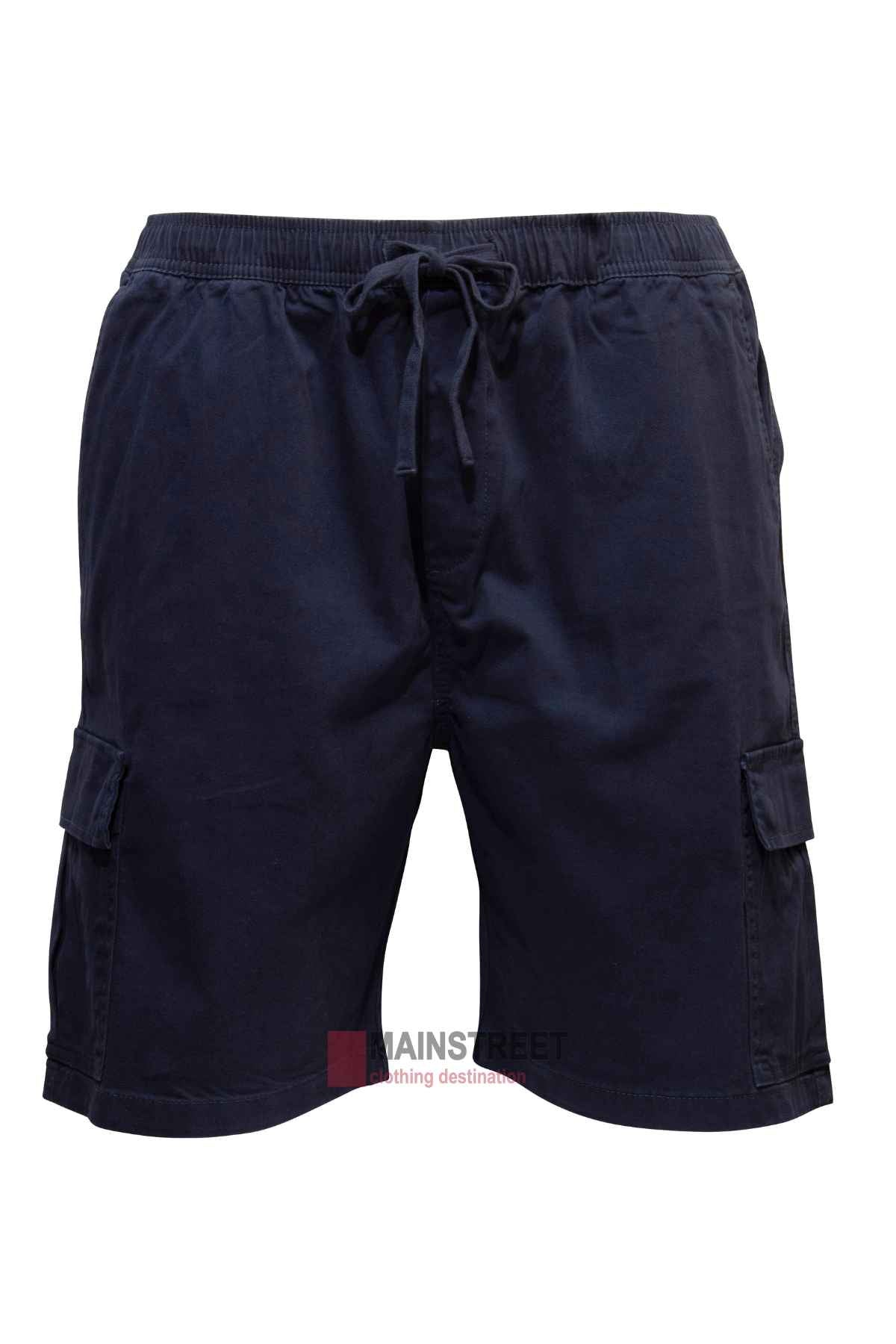 Discover the Pilgrim Cargo Twill Short, ideal for summer escapades. These men's navy blue shorts feature an elastic waistband with a drawstring and are designed with side pockets, along with roomy cargo pockets on each leg for the perfect blend of style and functionality.