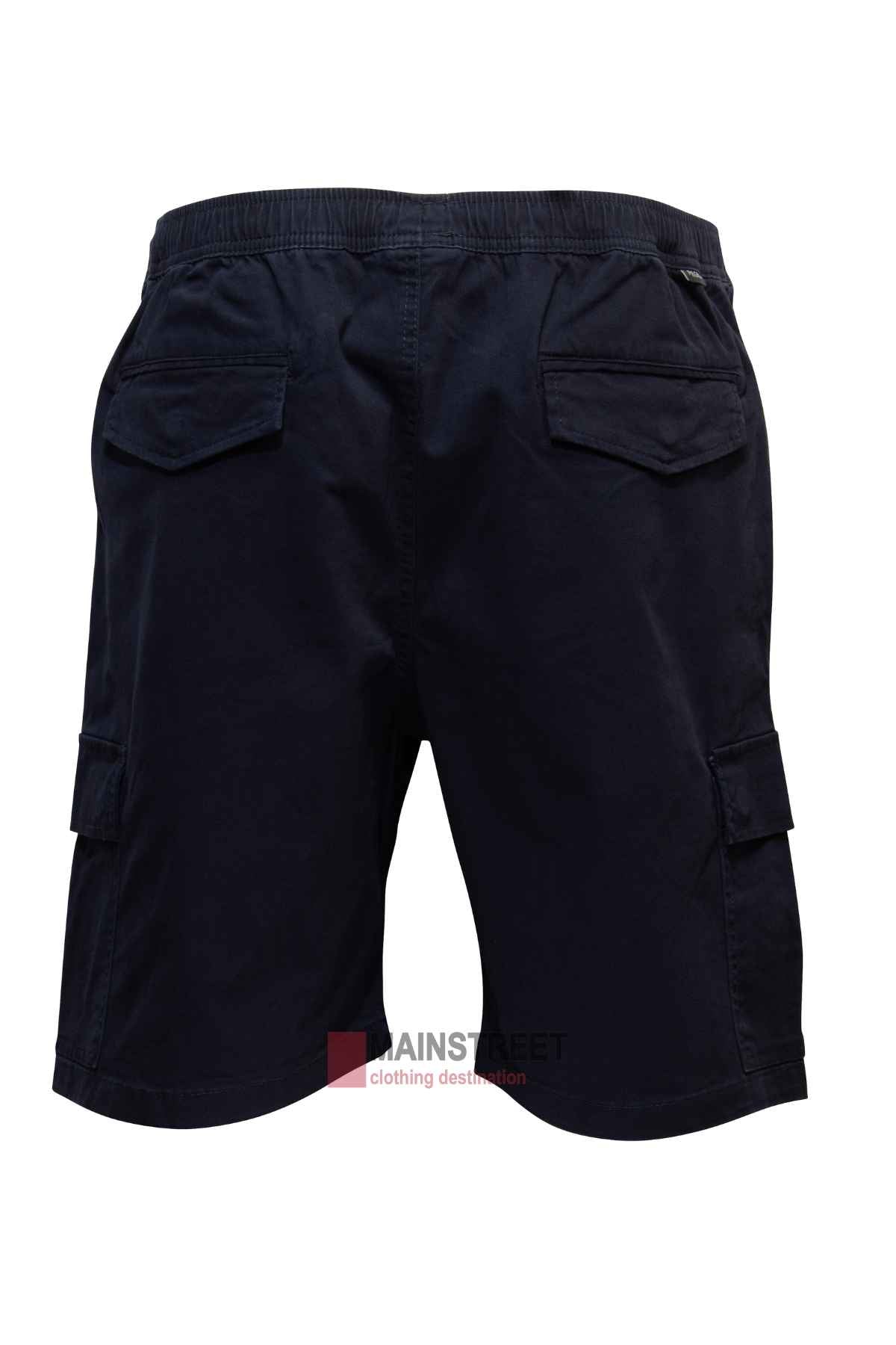 A rear view of the Pilgrim Cargo Twill Short in black, highlighted by two side pockets and belt loops, ideal for men's summer fashion. Displayed crisply against a white background.