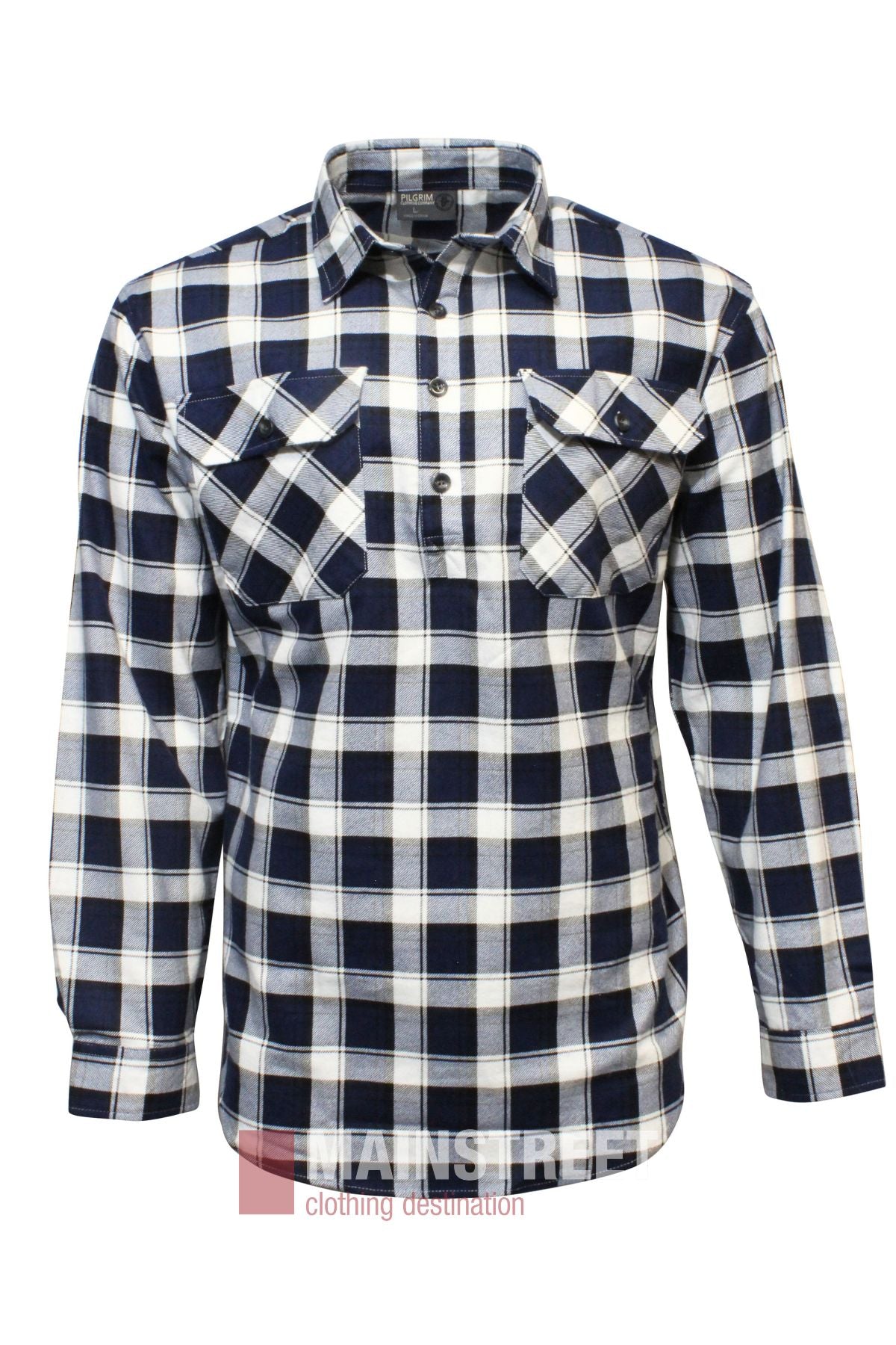 The Pilgrim Closed Front Flannelette Shirt is a 100% cotton long-sleeve, featuring blue, white, and black checkered plaid and two button-flap chest pockets for comfort and style.