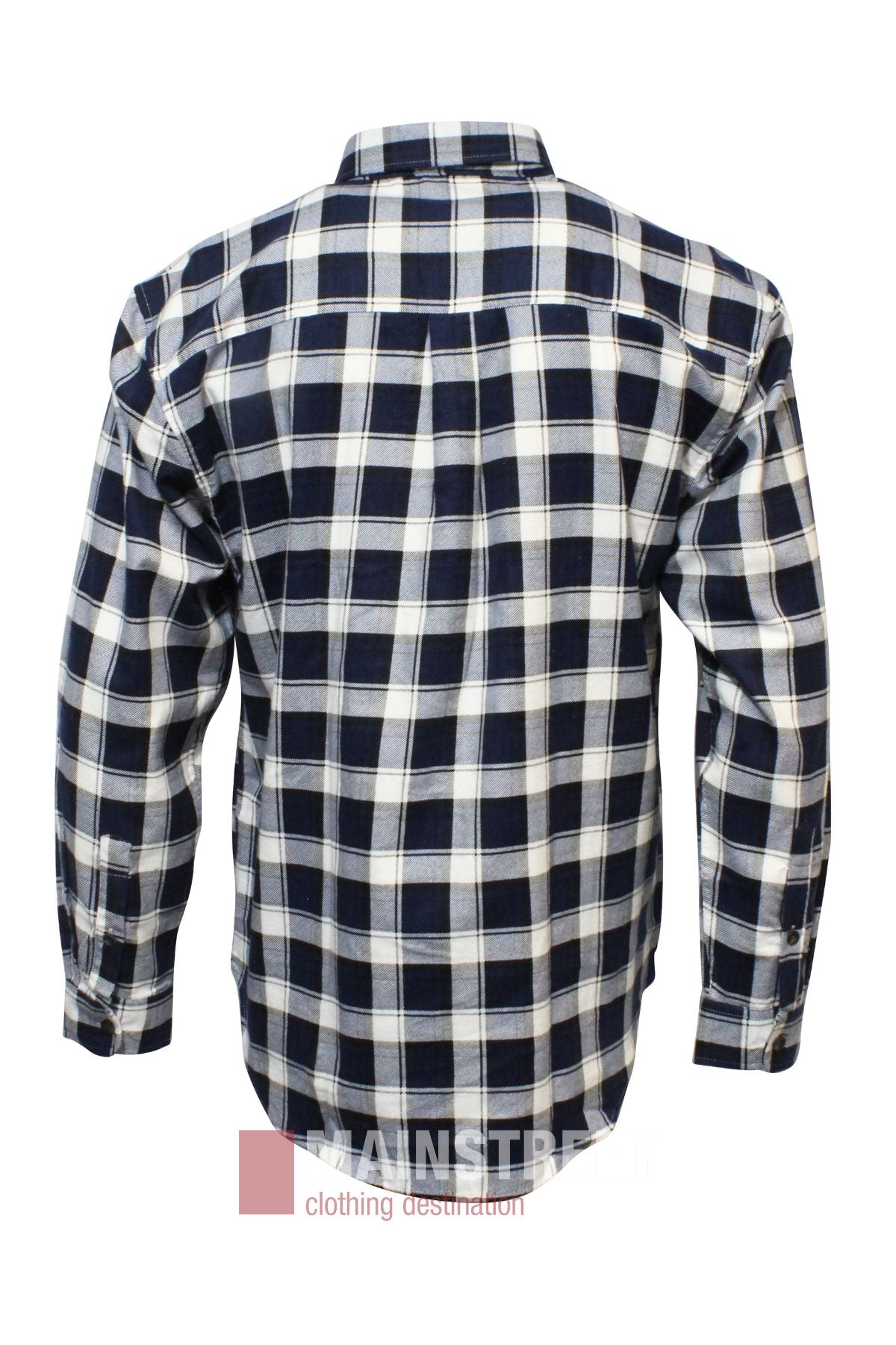 Back view of the Pilgrim Closed Front Flannelette Shirt - King Size in navy blue, white, and black plaid pattern, displayed against a plain white background.