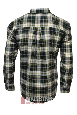 The Pilgrim Closed Front Flannelette Shirt - King Size is a long-sleeve, buttoned, green and white plaid 100% cotton shirt with a collar and a single pleat at the center of the upper back, shown from the rear view.