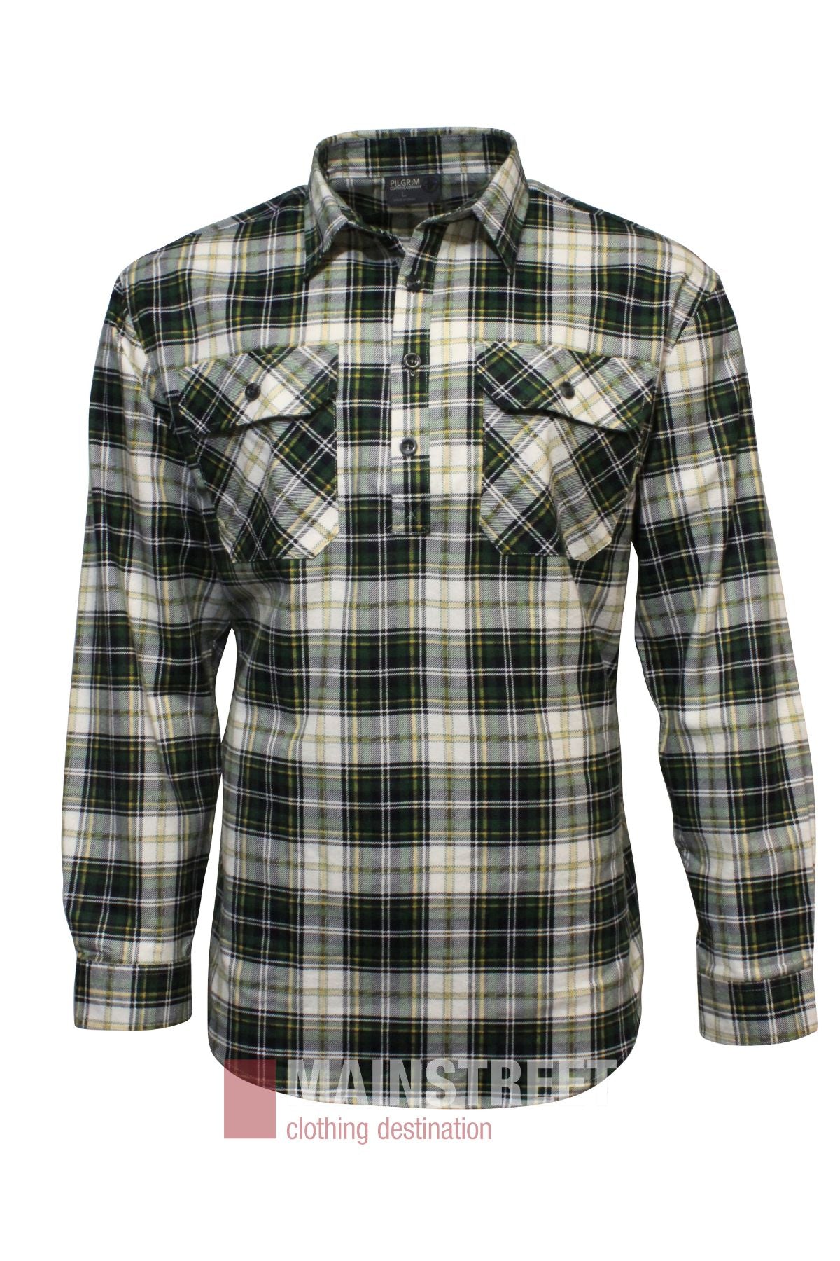 The Pilgrim Closed Front Flannelette Shirt - King Size is a 100% cotton, long-sleeve shirt with a green, black, and white plaid pattern and two button-flap breast pockets.