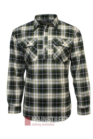 The Pilgrim Closed Front Flannelette Shirt - King Size is a 100% cotton, long-sleeve shirt with a green, black, and white plaid pattern and two button-flap breast pockets.