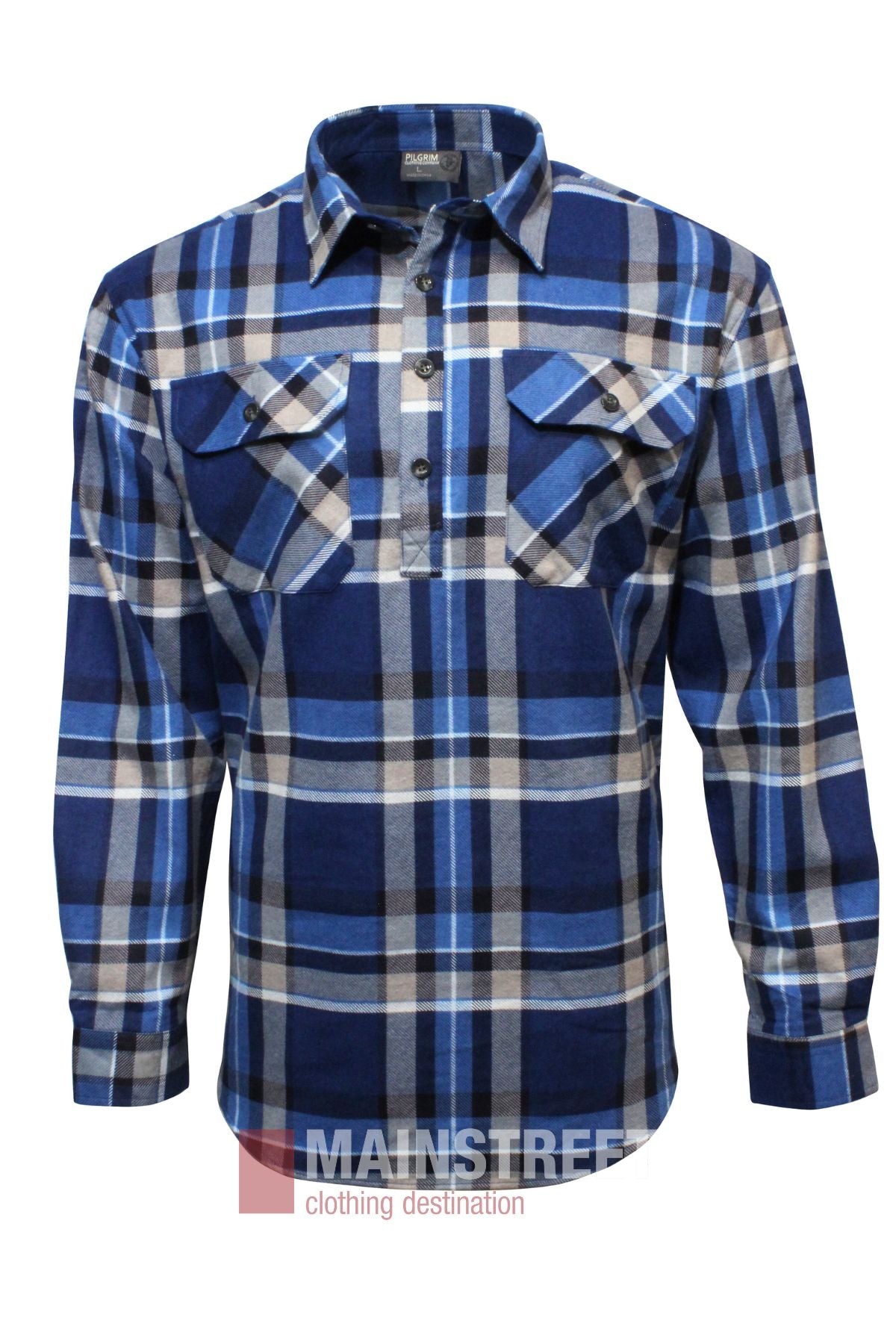 The Pilgrim Closed Front Flannelette Shirt is a blue, gray, and white plaid long sleeve shirt made from 100% cotton, featuring buttoned chest pockets and a collar, displayed on a white background.