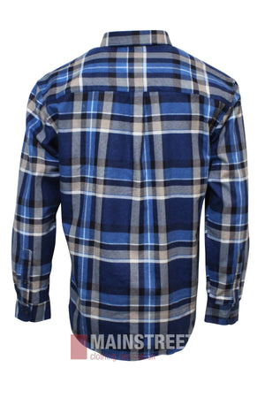 Back view of the Pilgrim Closed Front Flannelette Shirt in blue, white, and gray plaid. Made from 100% cotton with long sleeves and a button-up design, shown against a white background.