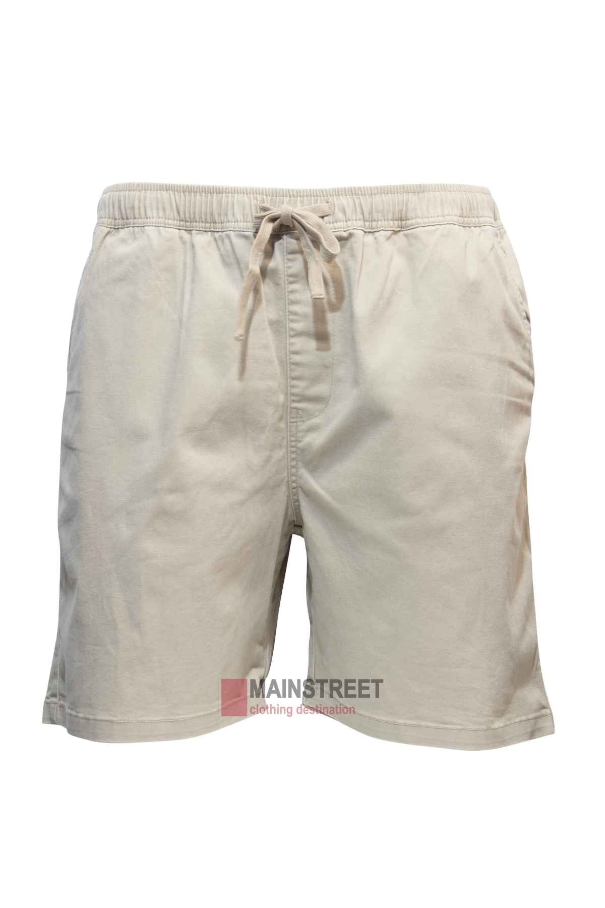 The Pilgrim Elastic Waist Short in beige features side pockets, making it ideal for a casual day out. Crafted from lightweight fabric, these shorts are shown against a white background, with the Mainstreet logo partially visible at the bottom.