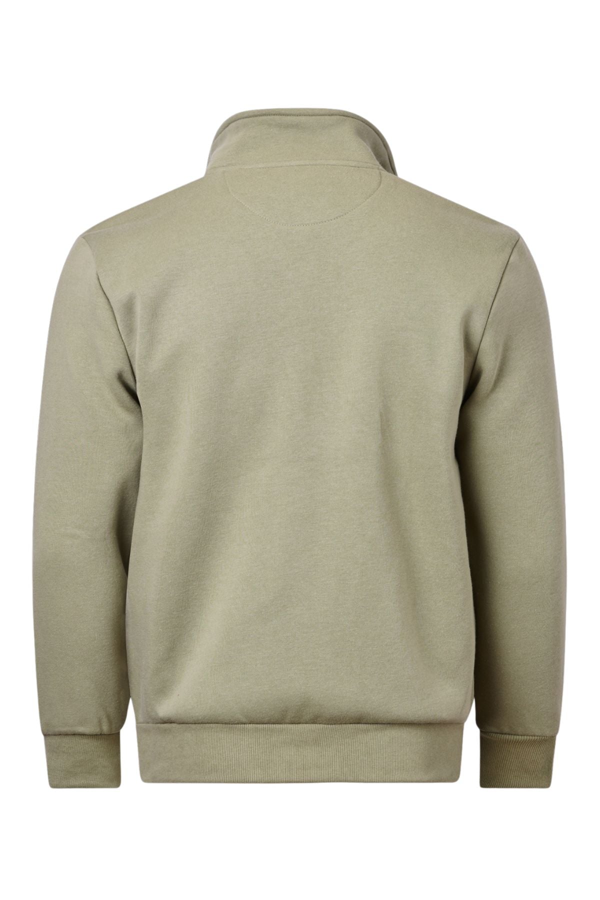 The Pilgrim Full Zip Fleece is a light olive green fleece pullover sweatshirt with long sleeves, ribbed cuffs, and hem, displayed from the back on a white background.