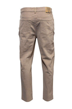 Rear view of beige Pilgrim Moleskin Jean trousers with cuffed hems, two back pockets, and a brown leather patch featuring branding on the waistband. These trousers have a casual, relaxed fit reminiscent of stretch moleskin jeans.