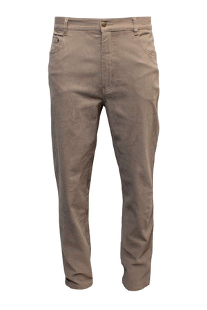 The Pilgrim Moleskin Jean is a pair of beige khaki pants featuring a button and zipper closure, front pockets, and back pockets. These pants have a straight leg cut for a regular fit and are crafted from a lightweight, casual fabric.