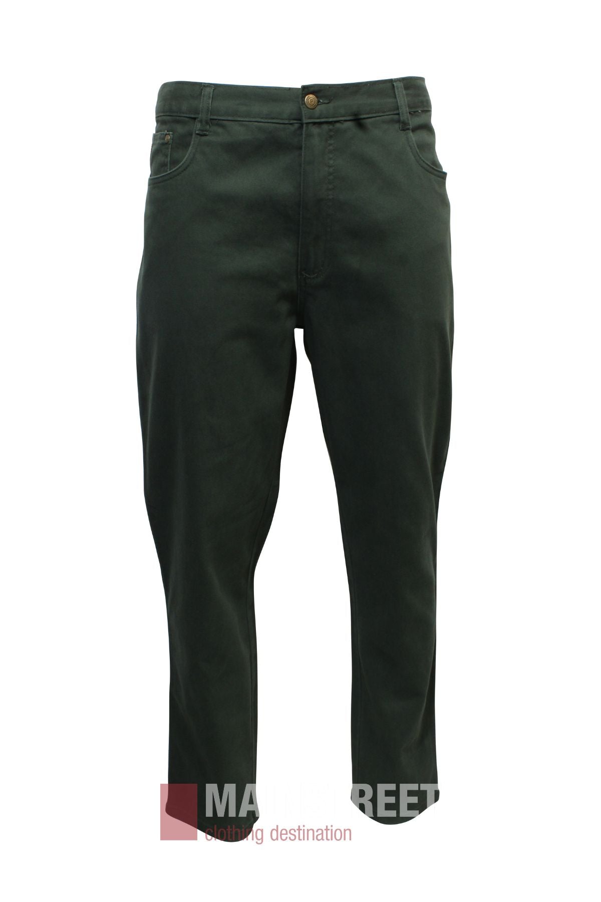 The Pilgrim Moleskin Jean, a pair of dark green regular fit jeans with button and zip closure plus front and back pockets, is displayed against a white background.