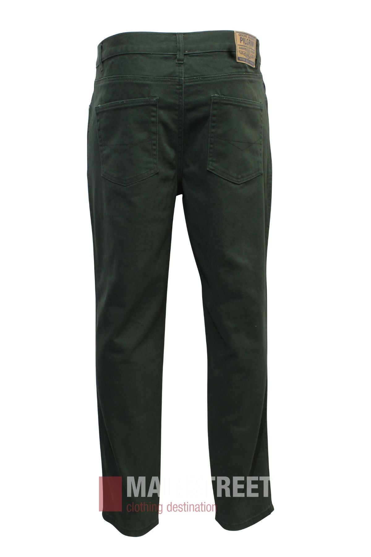 The Pilgrim Moleskin Jean in dark green is shown from the back with two rear pockets and a tan leather patch on the waistband, set against a white background. The Main Street Clothing Destination logo appears partially at the bottom.