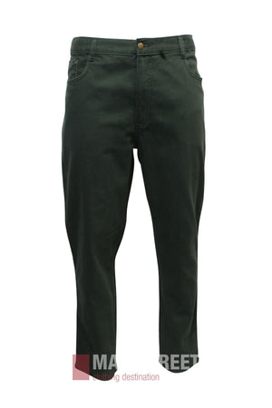 The Pilgrim Moleskin Jean, a pair of dark green regular fit jeans with button and zip closure plus front and back pockets, is displayed against a white background.