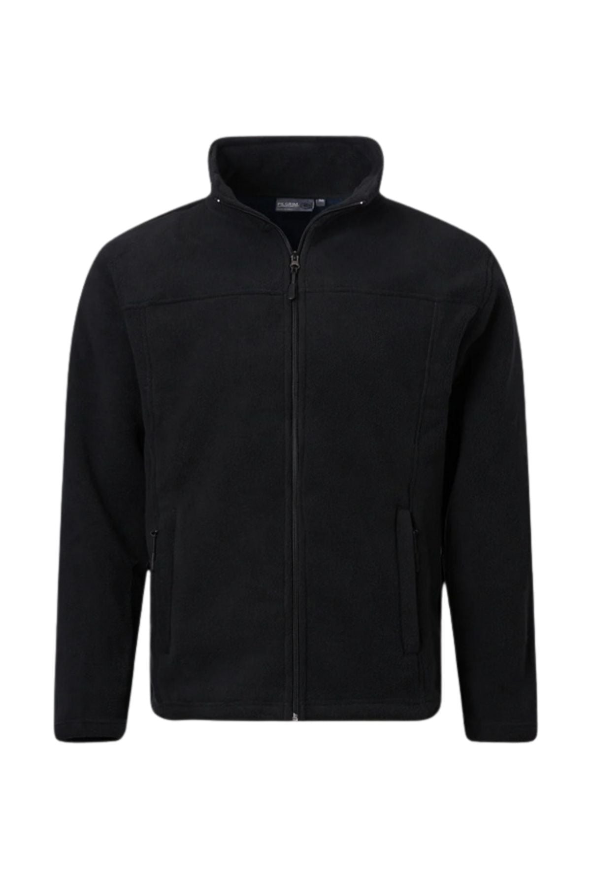 The Pilgrim Polar Fleece Full Zip Jacket in black is made from polyester, featuring a full zip front, stand-up collar, and two front zippered pockets, shown against a plain white background.