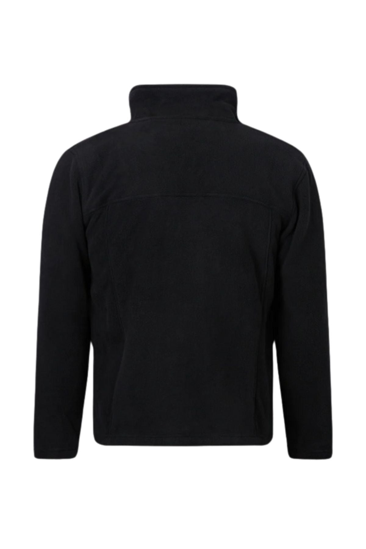 The Pilgrim Polar Fleece Full Zip Jacket is shown from the back in plain black, featuring long sleeves, a high collar, and soft polyester fabric with no visible branding or design elements.