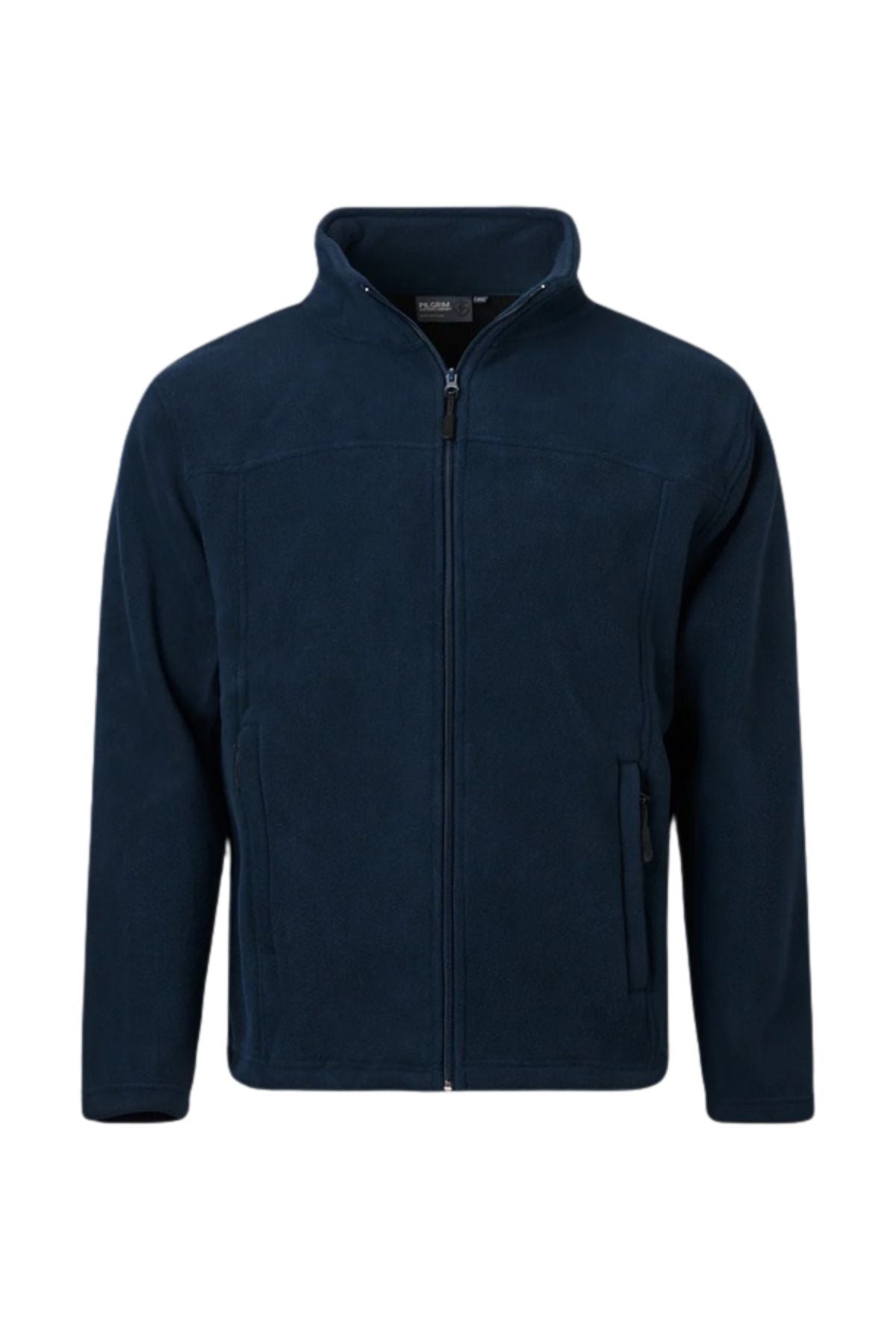 The Pilgrim Polar Fleece Full Zip Jacket in navy blue features a full front zipper, stand-up collar, long sleeves, and zippered side pockets—an ideal casual jacket for everyday comfort, shown against a white background.