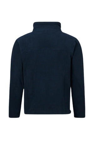 The Pilgrim Polar Fleece Full Zip Jacket in navy blue is shown from the back, featuring a high collar, long sleeves, and a minimalist design—ideal as a cozy casual jacket for everyday wear.
