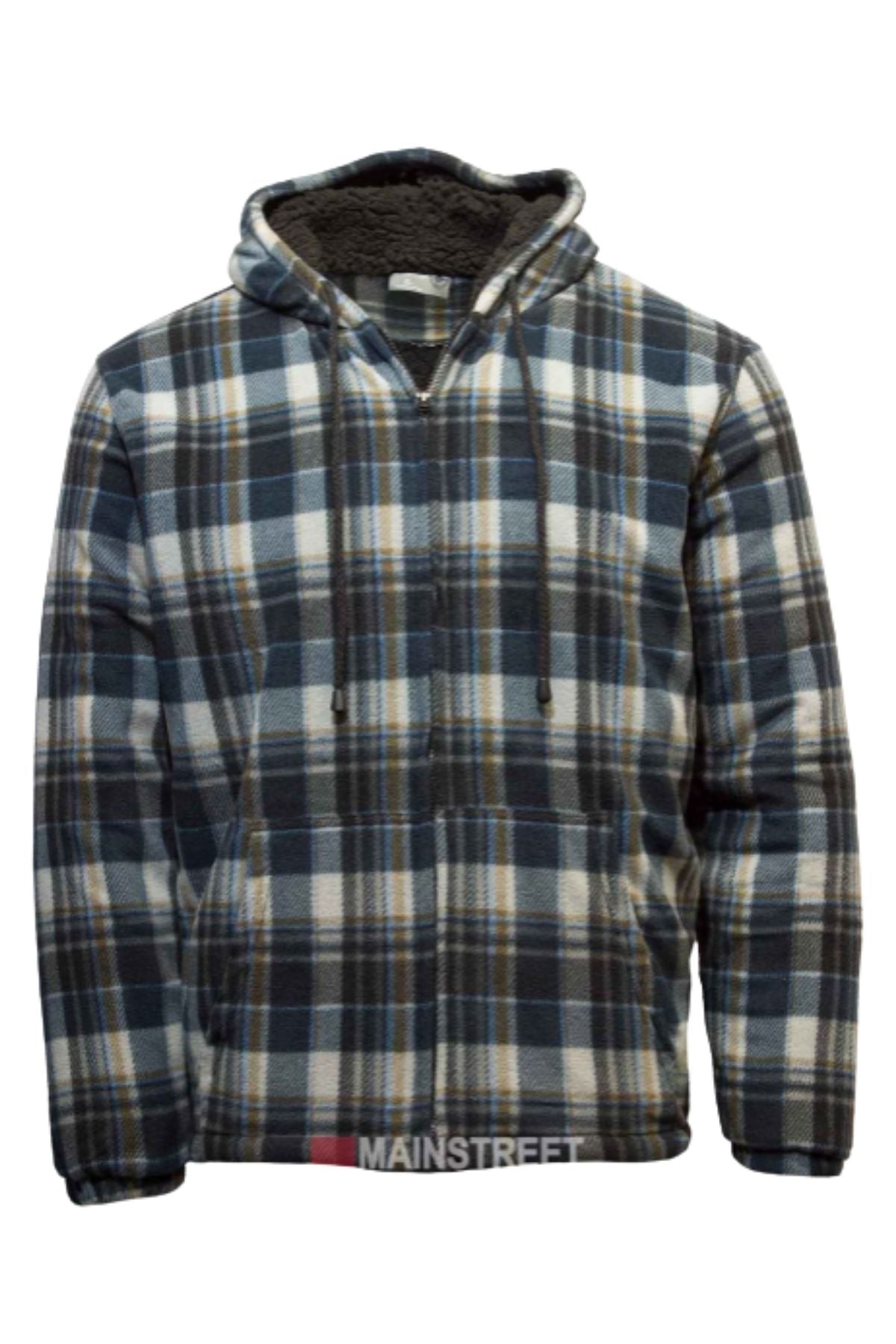 The Pilgrim Check Sherpa Hooded Jacket features a blue, white, and black plaid design, sherpa lining, front pocket, and drawstrings—making it the ideal cozy pullover jacket for chilly days.
