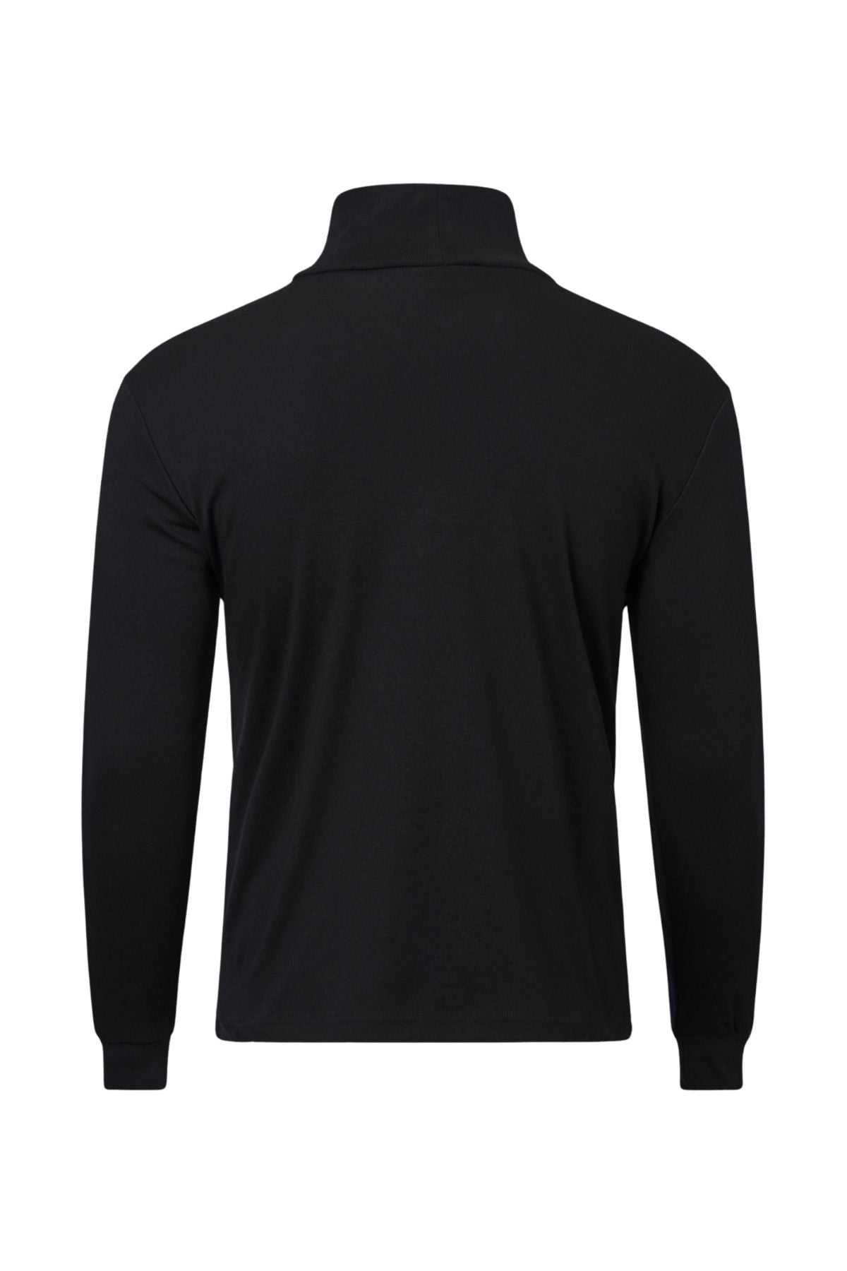 Back view of the Pilgrim Skivvy, a plain black long-sleeve collared shirt with fitted cuffs and no visible logos or patterns—an ideal base layer for Australian winters.