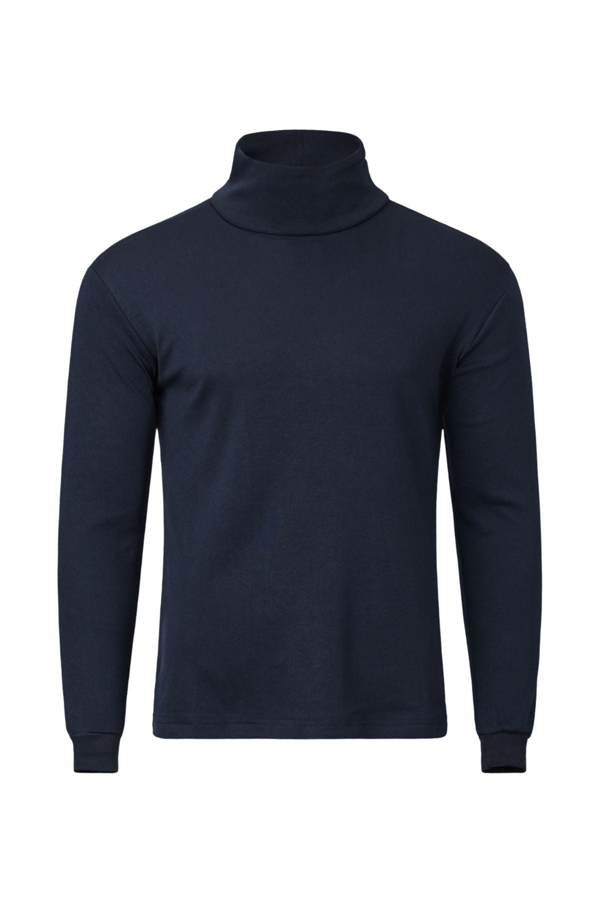 The Pilgrim Skivvy is a plain, navy blue long-sleeve turtleneck with a high collar and ribbed cuffs, shown on a white background. Ideal as a base layer for chilly Australian winters.