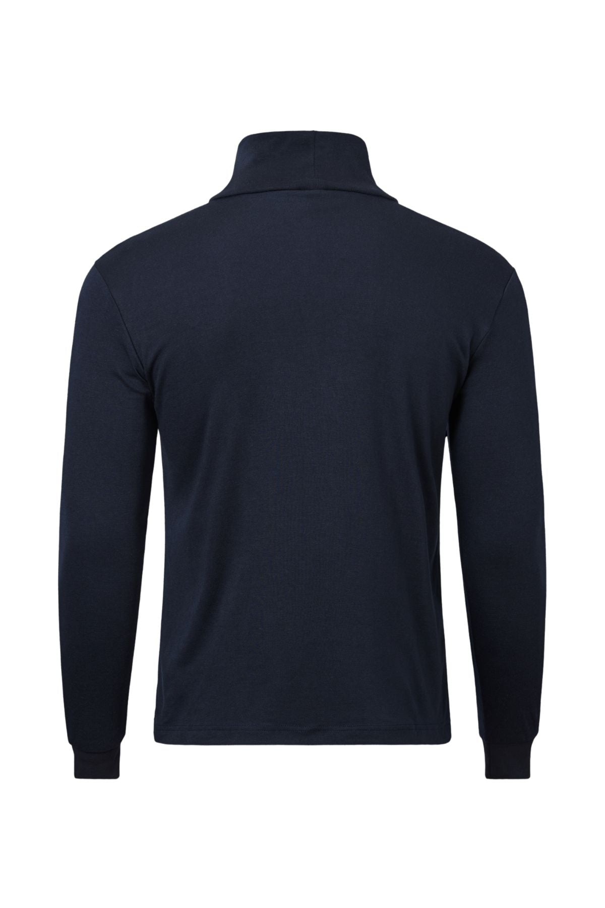 Back view of the Pilgrim Skivvy—a long-sleeve, dark navy blue polo with collar and ribbed cuffs, ideal as a base layer for chilly Australian winters. Shown against a plain white background.
