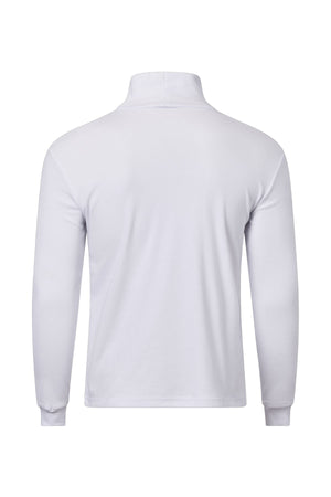 The Pilgrim Skivvy is shown from the back, featuring a high collar and fitted cuffs. Its plain white design makes it an ideal base layer for chilly Australian winters, with no visible logos or embellishments.
