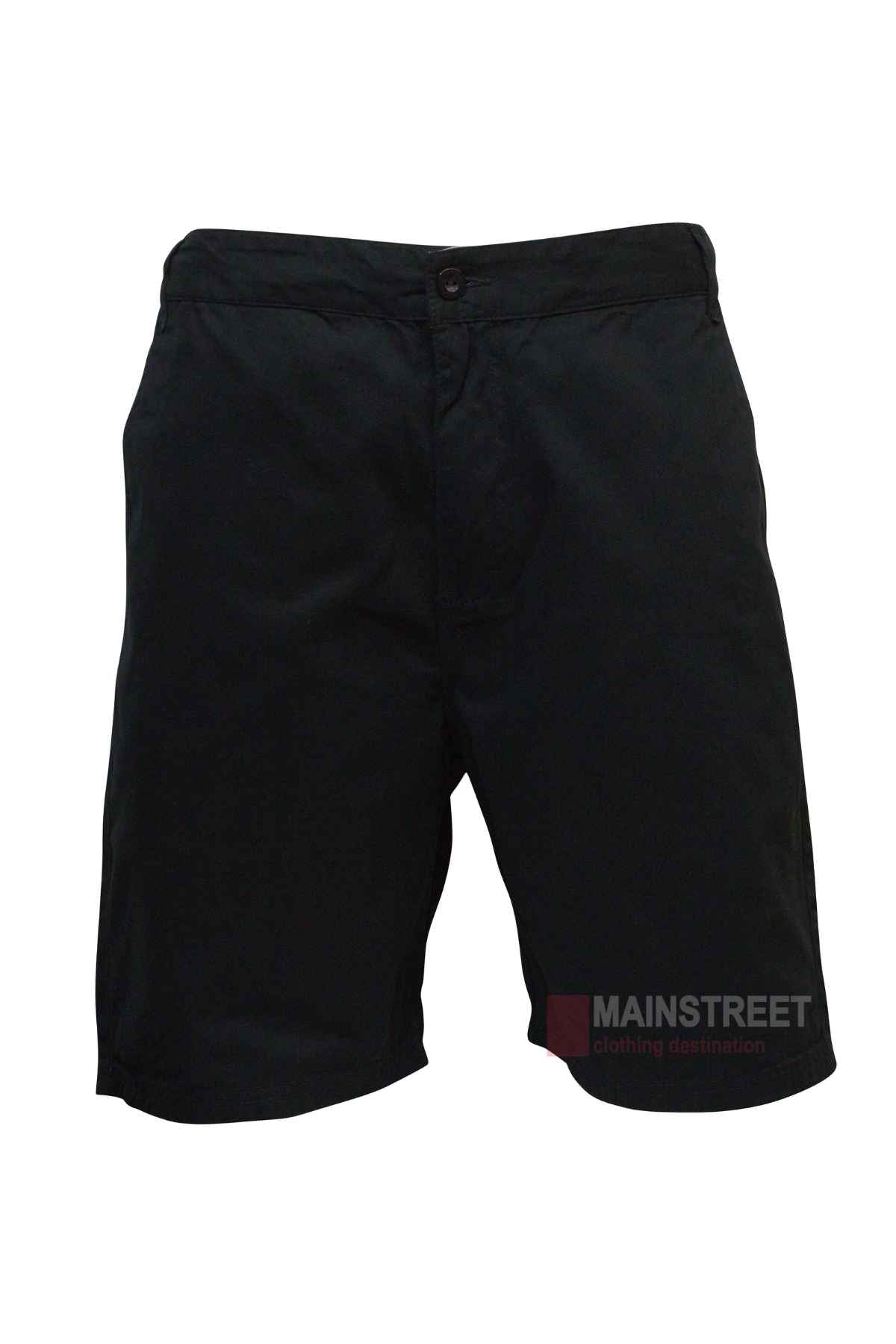 The Pilgrim Twill Short is a black, knee-length cotton short with button and zipper closure, side pockets, and a subtle "MAINSTREET clothing destination" watermark on the lower right leg. Shown on a white background—perfect for casual wear.