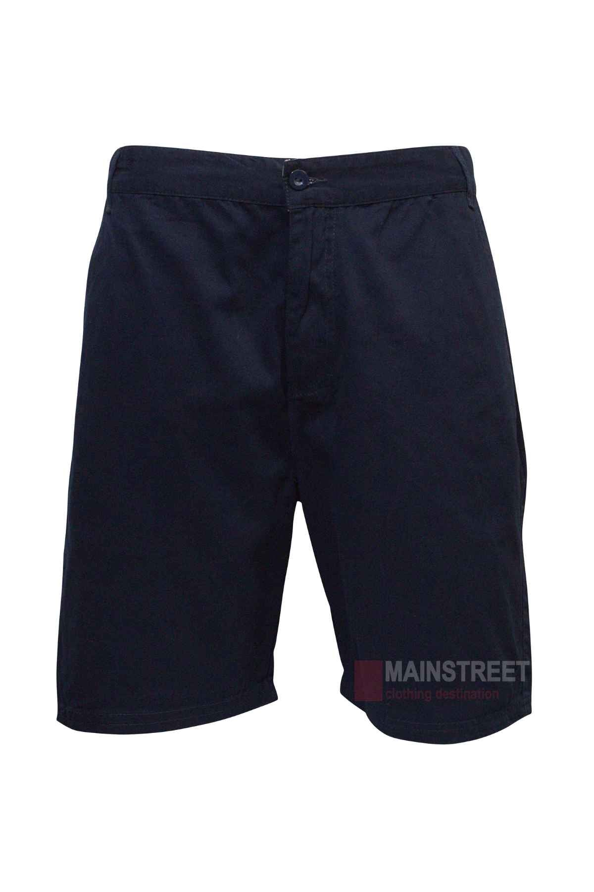 The Pilgrim Twill Short is a black, knee-length style with button and zip closure. Ideal for casual occasions, it features smooth cotton fabric, side pockets, and a belt loop waistband. The "Mainstreet" logo is subtly displayed near the bottom hem on the right side.
