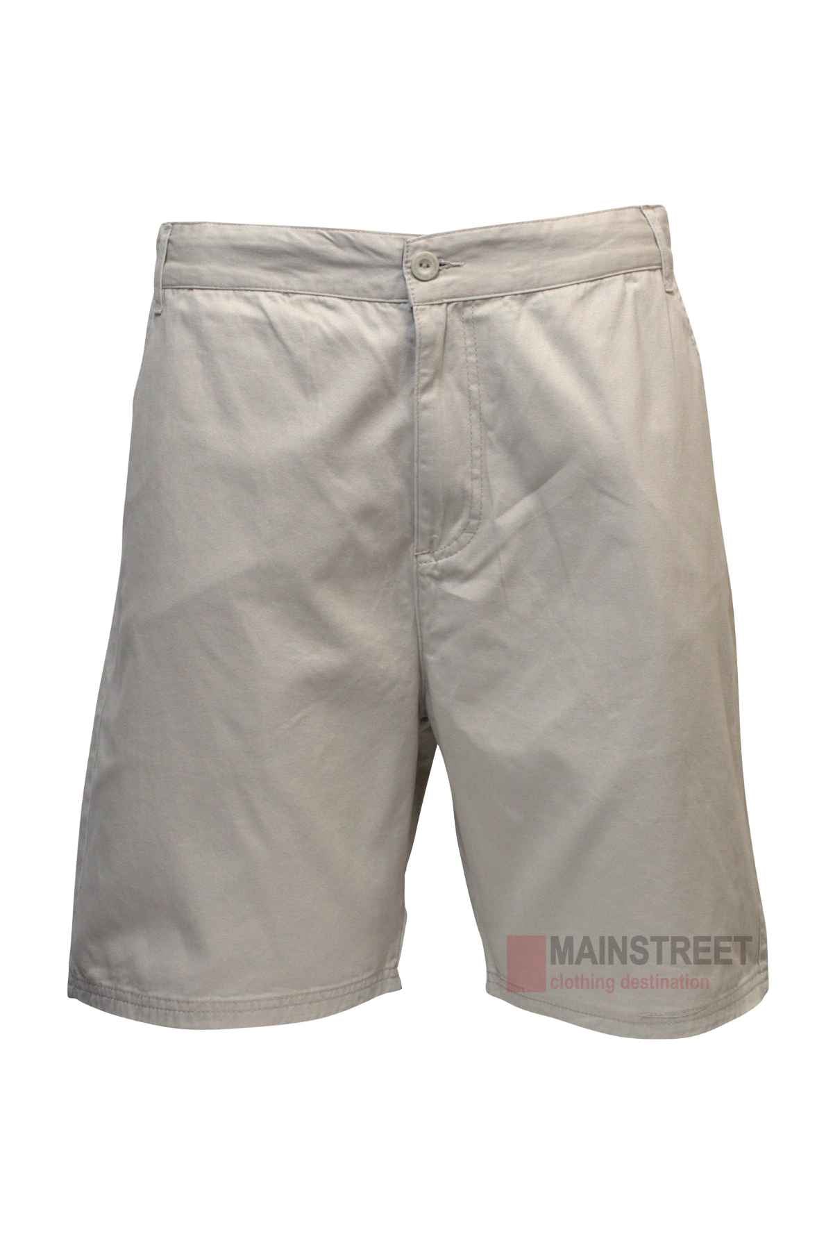 The Pilgrim Twill Short for men in light beige cotton is perfect for casual wear, featuring a front button and zipper closure, side pockets, a subtle "MAINSTREET" logo near the left hem, and a plain design with no visible patterns.