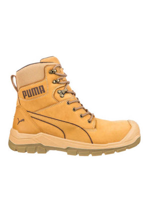 The Puma Conquest Waterproof Safety Boot is a tan-colored work boot featuring a high ankle, lace-up front, and reinforced fibreglass toe cap. It comes adorned with the Puma logo on the side and includes a pull-tab at the back. Its heat-resistant rugged sole ensures durability and traction.