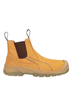 The Puma Tanami Scuff Cap Elastic Sided Safety Boot is a yellow slip-on with brown side panels, front and back pull tabs, fibreglass toe cap, heat-resistant rubber sole, rugged tread, and Puma logo near the heel.