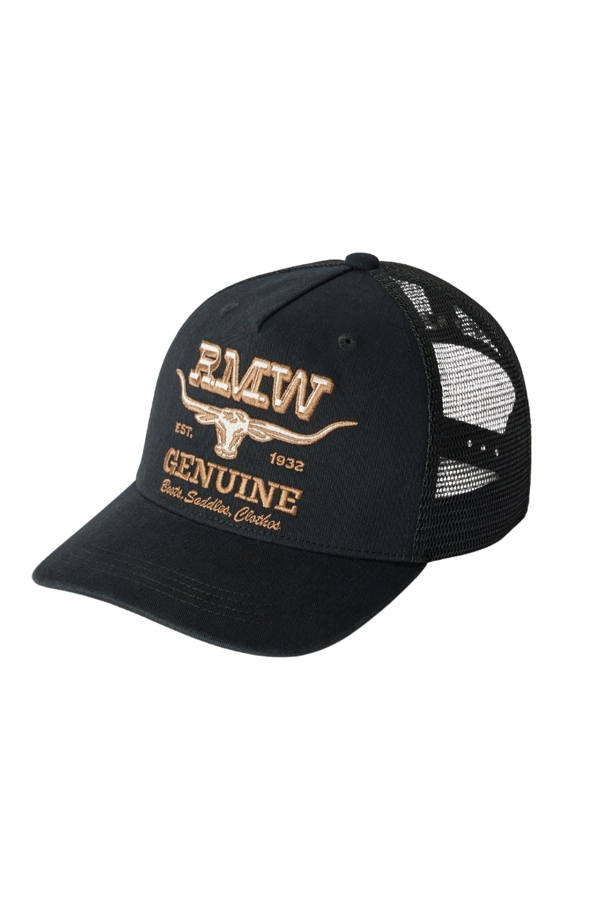 The RM Williams Genuine Longhorn Trucker Cap is a black western hat with a mesh back, tan and white "RMW," "EST. 1932," "GENUINE," and "Burn, Saddle, Conchos" embroidery, plus a longhorn graphic on the front.