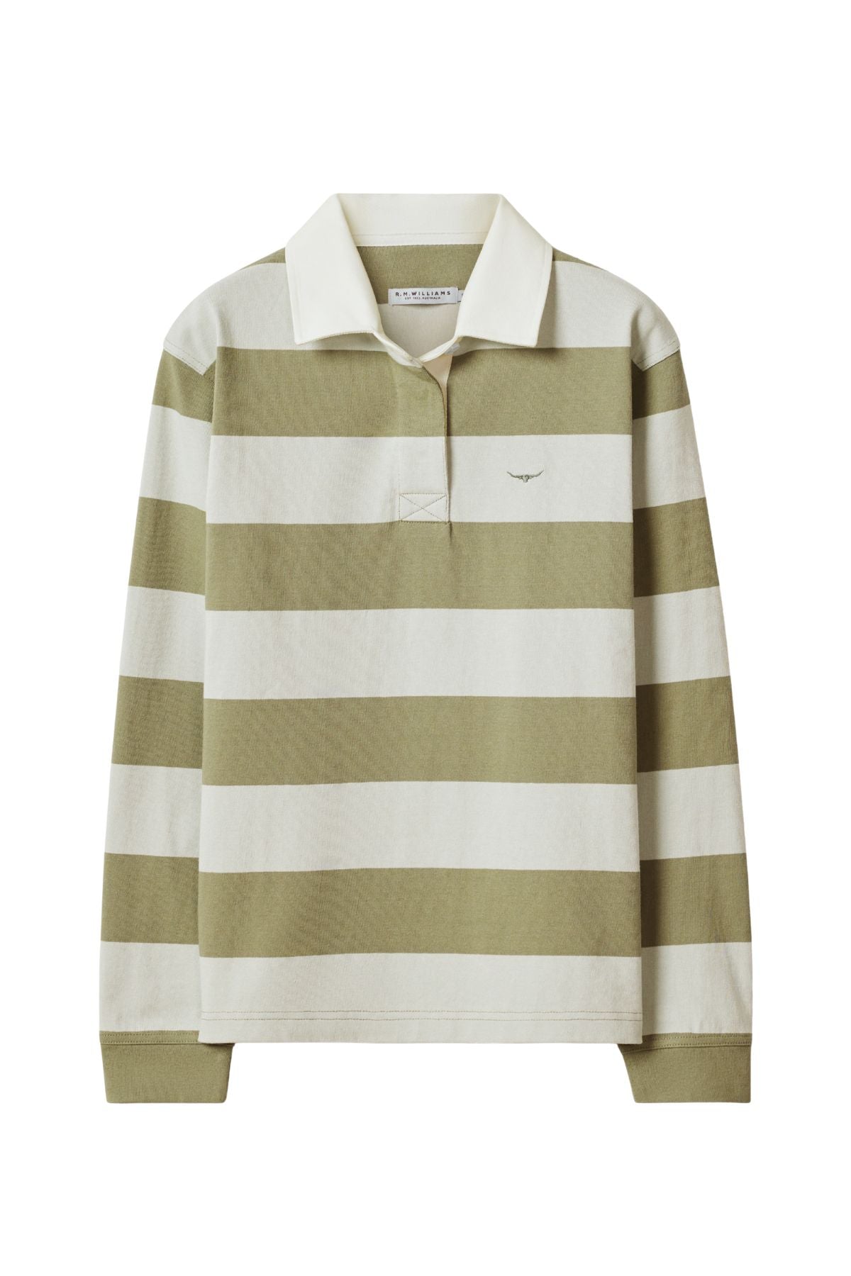 The RM Williams Narran Stripe Rugby is a heavyweight brushed cotton long-sleeve shirt with wide olive green and off-white stripes, a white collar, and a small embroidered chest logo.