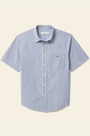 The RM Williams Augusta Poplin Short Sleeve Shirt is an organic cotton, relaxed-fit, blue and white checkered button-up with a collar and a left-side chest pocket.