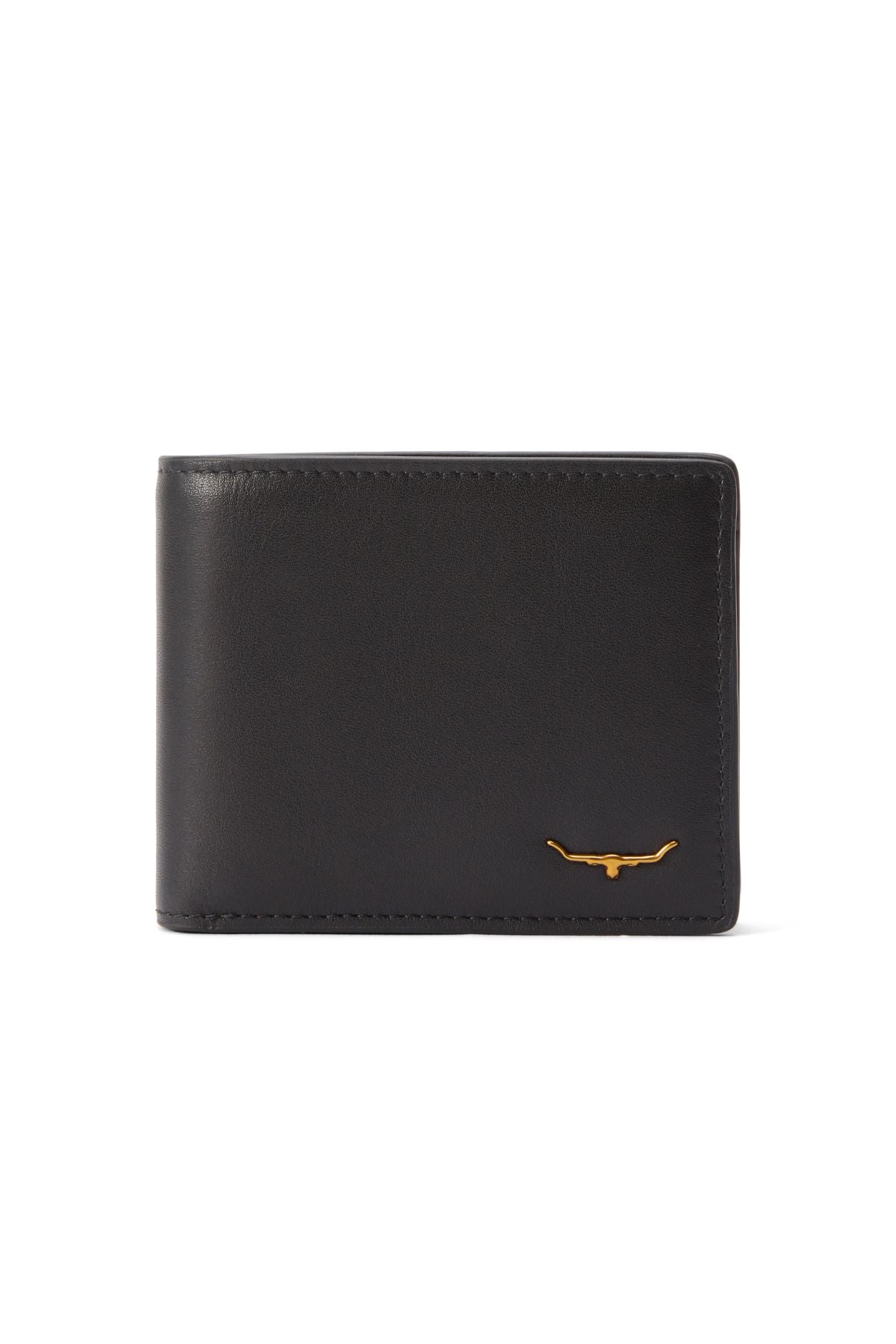 The RM Williams Bi Fold Wallet with Pocket is crafted from black full-grain leather, features visible stitching, and has a small gold longhorn emblem in the bottom right corner. Shown closed against a white background.
