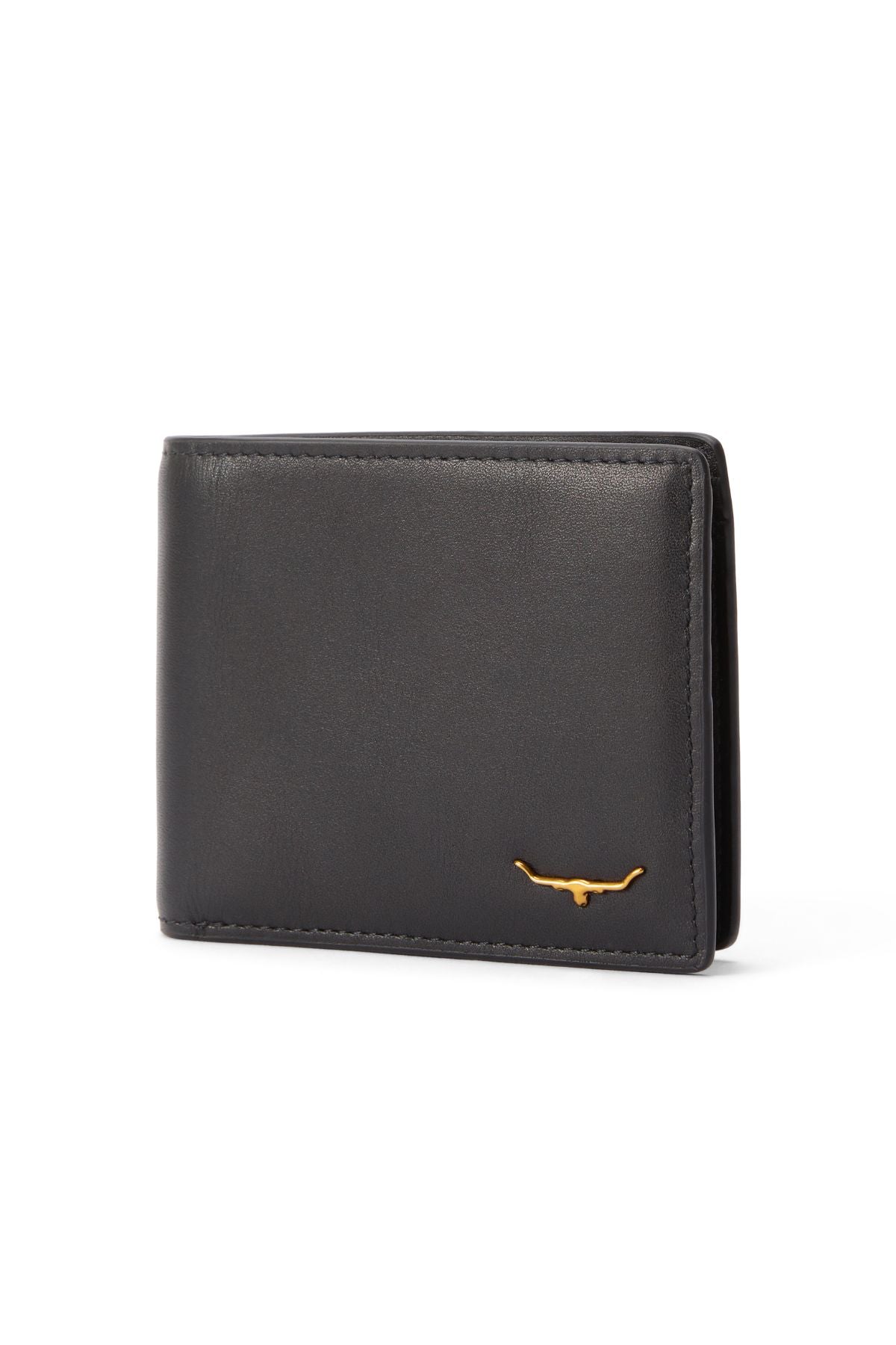 The RM Williams Bi Fold Wallet with Pocket, crafted from black full-grain leather, features RFID protection and a small gold longhorn emblem in the bottom right corner. It's shown closed and upright against a white background.