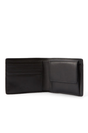 The RM Williams Bi Fold Wallet with Pocket is crafted from full-grain leather, featuring RFID protection, multiple card slots on the left, and a flap coin pocket on the right.