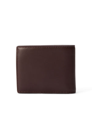 The RM Williams Bi Fold Wallet with Pocket, crafted from brown full-grain leather with visible edge stitching, is shown closed against a plain white background.