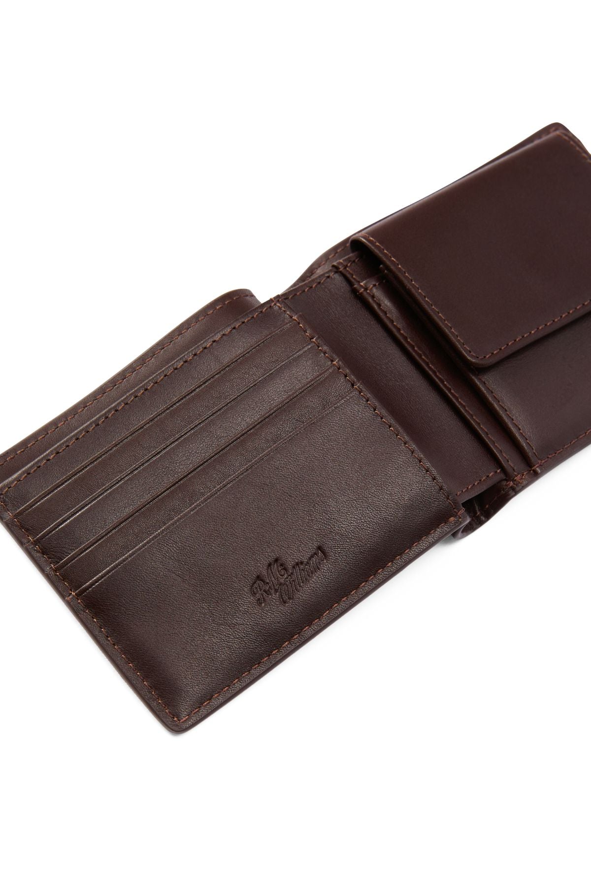 The RM Williams Bi Fold Wallet with Pocket, made from brown full-grain leather, features multiple card slots and a coin pocket. It's shown partially open on a white background.