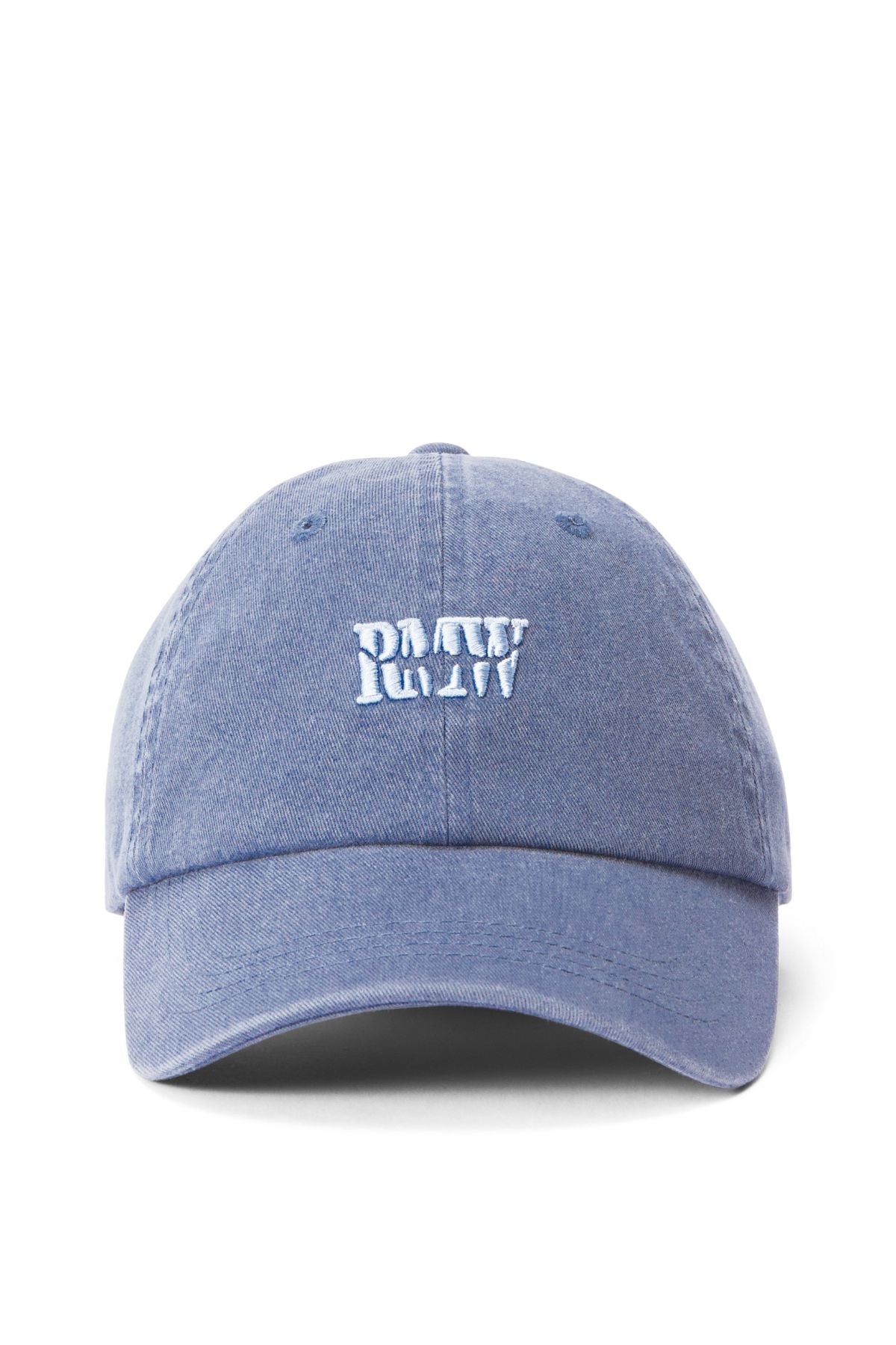 Front view of the RM Williams Branded Twill Cap in light blue organic cotton with white "PAUW" embroidery in a bold, playful font. Features include an adjustable strap, curved brim, and ventilation eyelets for comfort.