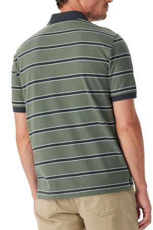 A man wearing the RM Williams Brunswick Stripe Polo with short sleeves and green, white, and navy stripes stands with his back to the camera, paired with khaki pants.