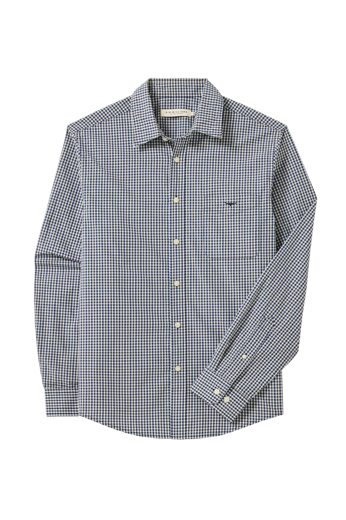 The RM Williams Classic Poplin Check Shirt is a long-sleeve, organic cotton button-down with a blue and white check pattern, front chest pocket, white buttons, and signature Longhorn embroidery.