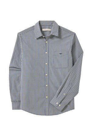 The RM Williams Classic Poplin Check Shirt is a long-sleeve, organic cotton button-down with a blue and white check pattern, front chest pocket, white buttons, and signature Longhorn embroidery.