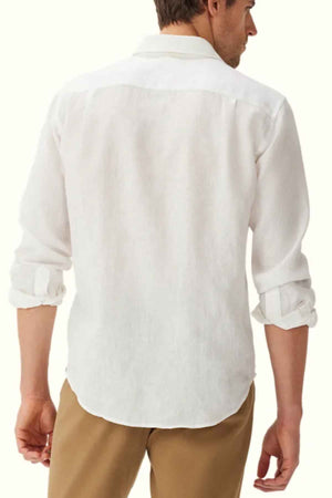 RM Williams Classic Shirt in the colour white. Back view of model wearing shirt