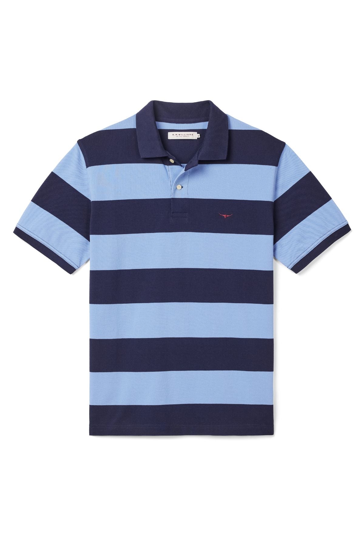 The RM Williams Craddle Polo features wide navy and light blue stripes, a collar, three-button placket, subtle Longhorn embroidery, and is made from soft organic cotton for both comfort and style.